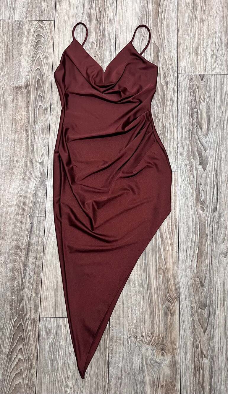 Lilyful Burgundy Satin Cowl Neck Ruched Asymmetrical Midi Dress